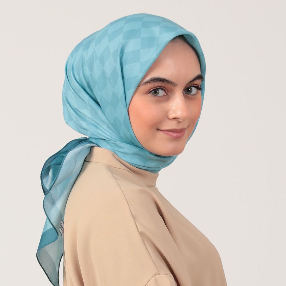 Pamuk İpek Eşarp - Dama Desen - Mavi