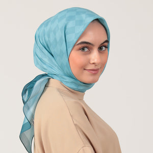 Pamuk İpek Eşarp - Dama Desen - Mavi