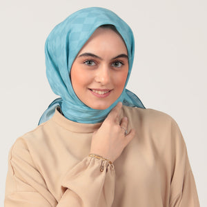 Pamuk İpek Eşarp - Dama Desen - Mavi