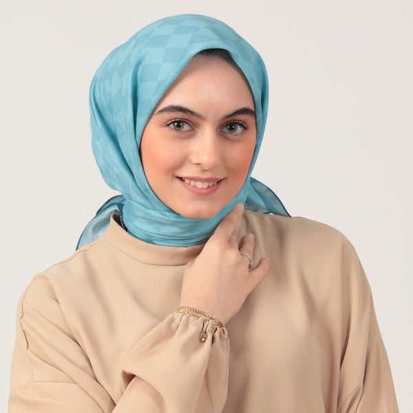 Pamuk İpek Eşarp - Dama Desen - Mavi