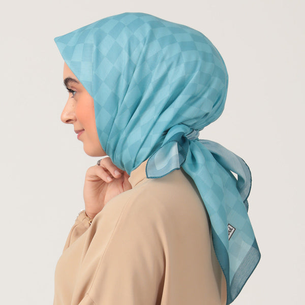 Pamuk İpek Eşarp - Dama Desen - Mavi