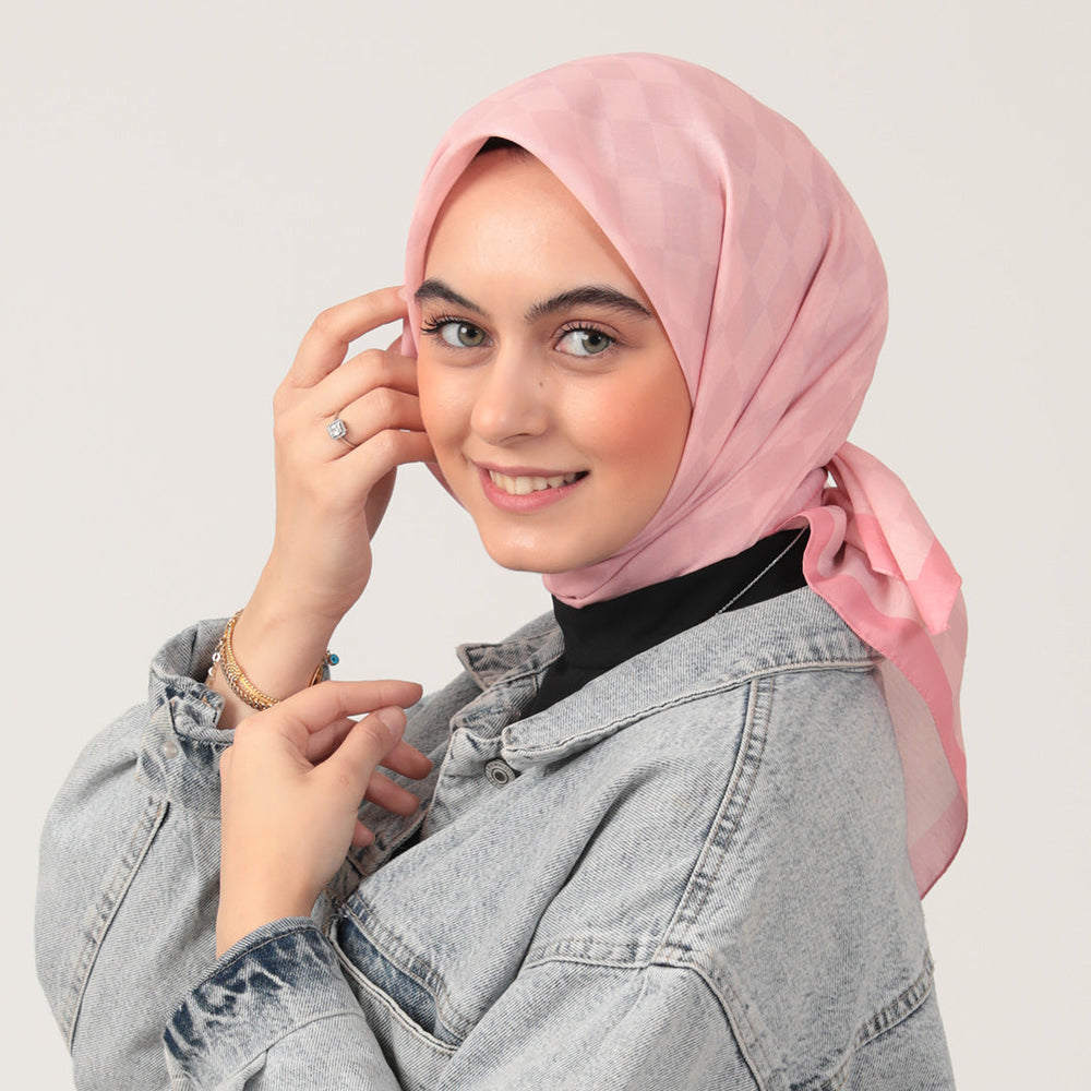 Pamuk İpek Eşarp - Dama Desen - Pembe