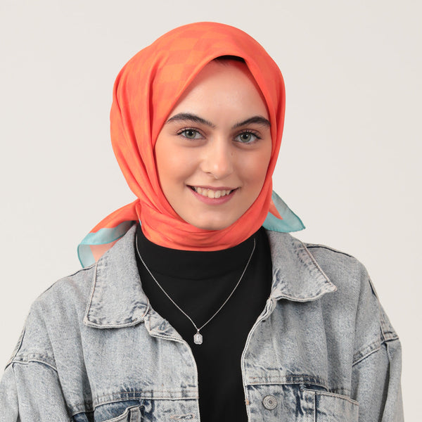 Pamuk İpek Eşarp - Dama Desen - Turuncu