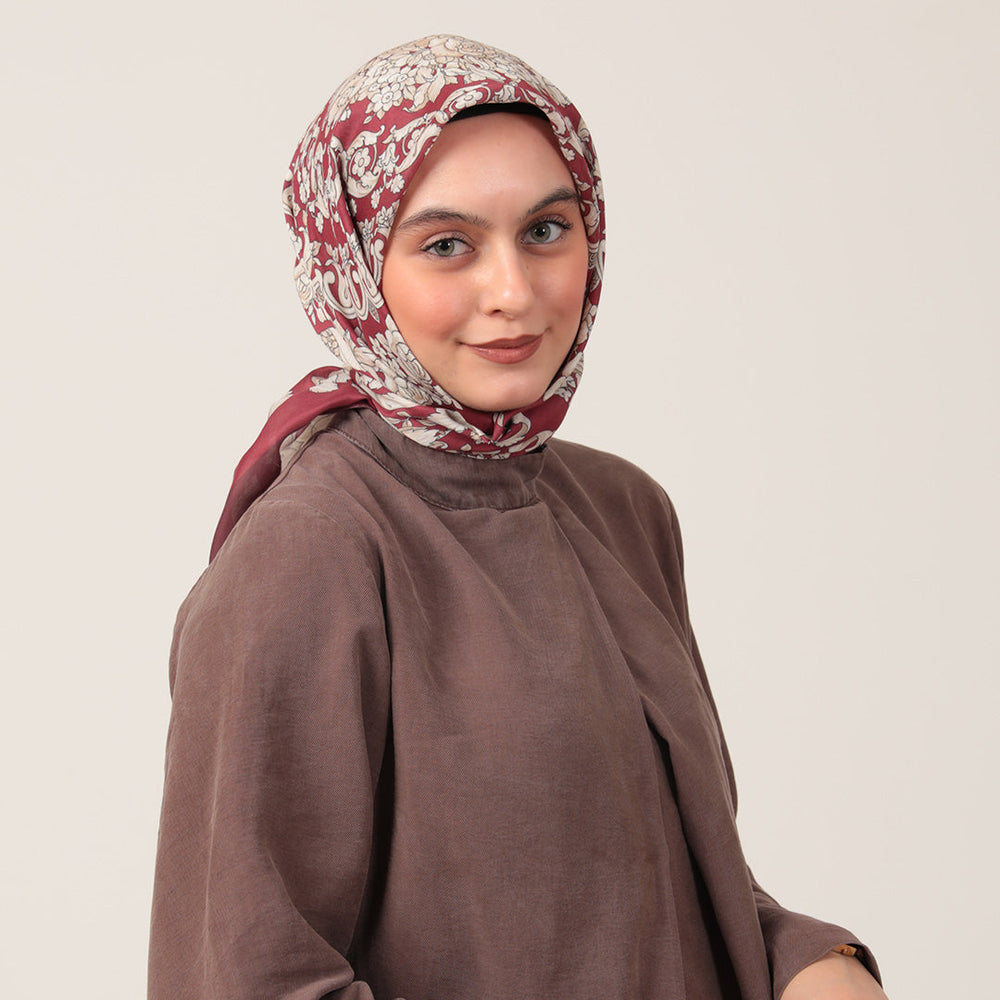 Pamuk İpek Eşarp - Dönence Desen - Bordo