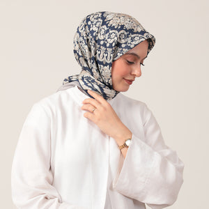 Pamuk İpek Eşarp - Dönence Desen - Lacivert Gri