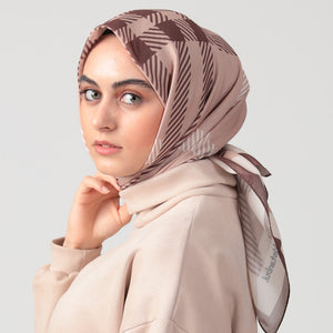 Pamuk İpek Eşarp - Ekose Desen - Kahverengi