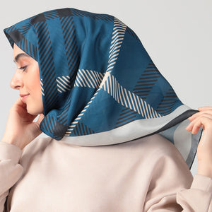 Pamuk İpek Eşarp - Ekose Desen - Lacivert