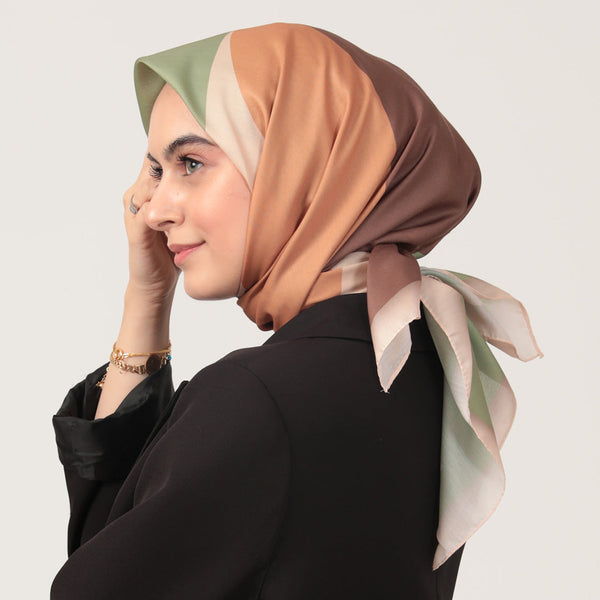 Pamuk İpek Eşarp - Elips Desen - Çağla Kahve