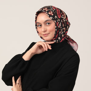 Pamuk İpek Eşarp - Etnik Floral Desen - Bordo Krem