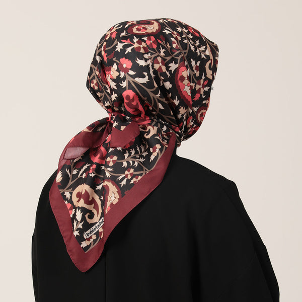 Pamuk İpek Eşarp - Etnik Floral Desen - Bordo Krem