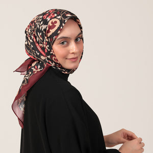 Pamuk İpek Eşarp - Etnik Floral Desen - Bordo Krem