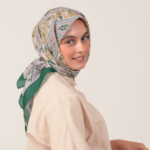 Pamuk İpek Eşarp - Etro Desen - Çam Yeşili