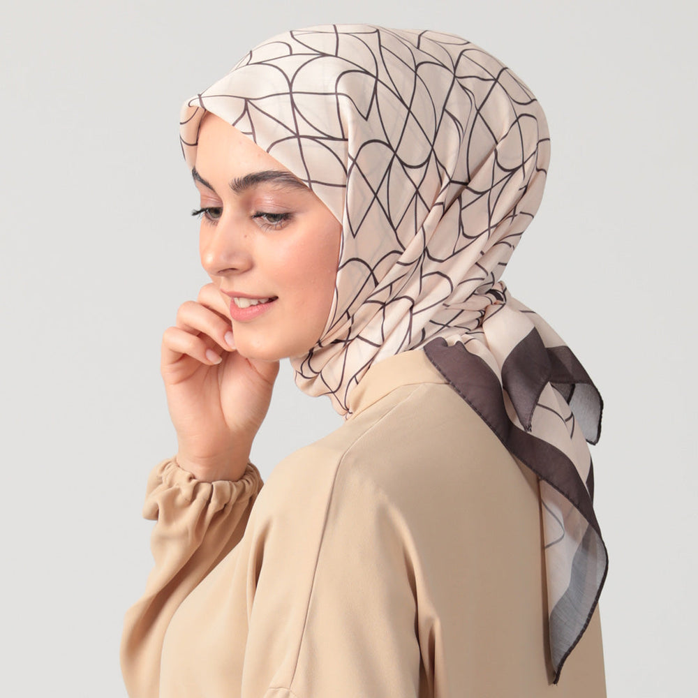 Pamuk İpek Eşarp - Geometrik Desen - Acı Kahve