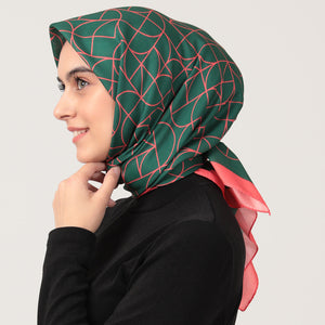 Pamuk İpek Eşarp - Geometrik Desen - Çam Yeşili