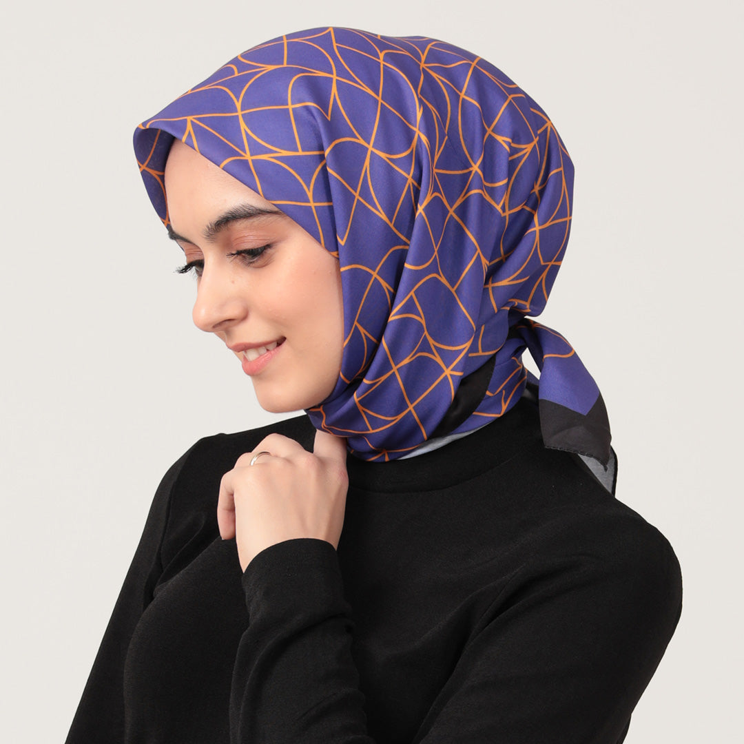 Pamuk İpek Eşarp - Geometrik Desen - Mor Oranj