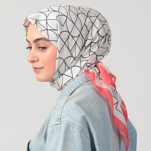 Pamuk İpek Eşarp - Geometrik Desen - Nar Çiçeği