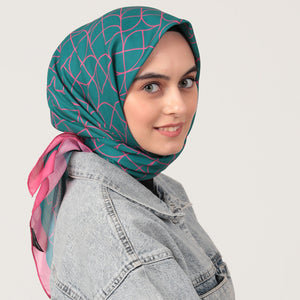 Pamuk İpek Eşarp - Geometrik Desen - Petrol Yeşili