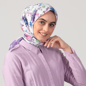 Pamuk İpek Eşarp - Hibiskus Desen - Lila