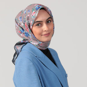 Pamuk İpek Eşarp - Hibiskus Desen - Vizon