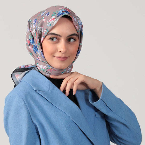 Pamuk İpek Eşarp - Hibiskus Desen - Vizon