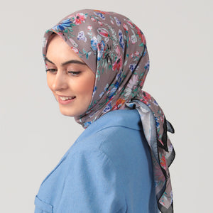 Pamuk İpek Eşarp - Hibiskus Desen - Vizon