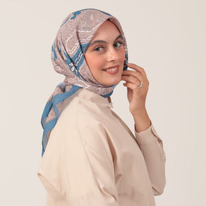 Pamuk İpek Eşarp - Hint Desen - Açık İndigo