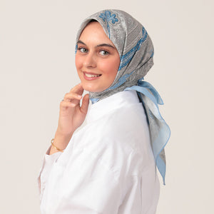 Pamuk İpek Eşarp - Hint Desen - Bebe Mavisi