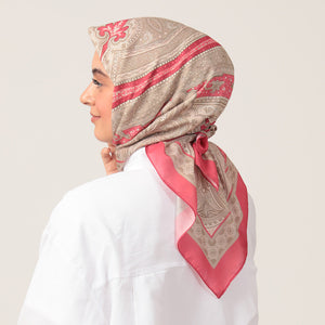 Pamuk İpek Eşarp - Hint Desen - Fuşya