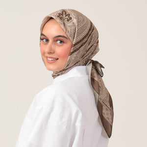 Pamuk İpek Eşarp - Hint Desen - Haki Yeşili