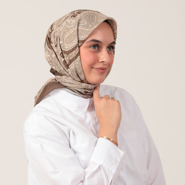 Pamuk İpek Eşarp - Hint Desen - Haki Yeşili