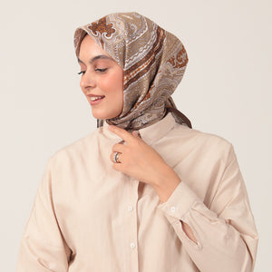 Pamuk İpek Eşarp - Hint Desen - Koyu Haki