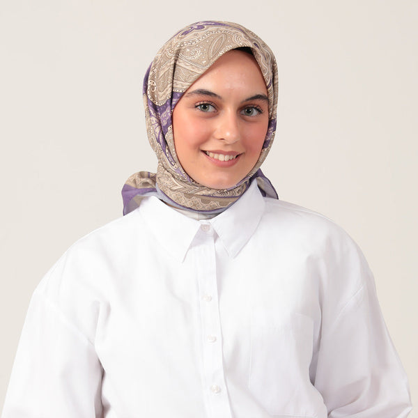 Pamuk İpek Eşarp - Hint Desen - Lila