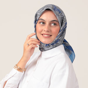 Pamuk İpek Eşarp - Hint Desen - Saks Mavisi