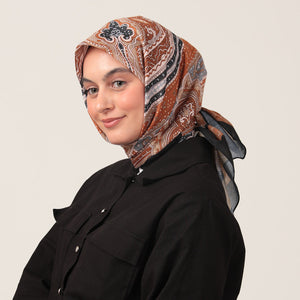 Pamuk İpek Eşarp - Hint Desen - Siyah Tarçın