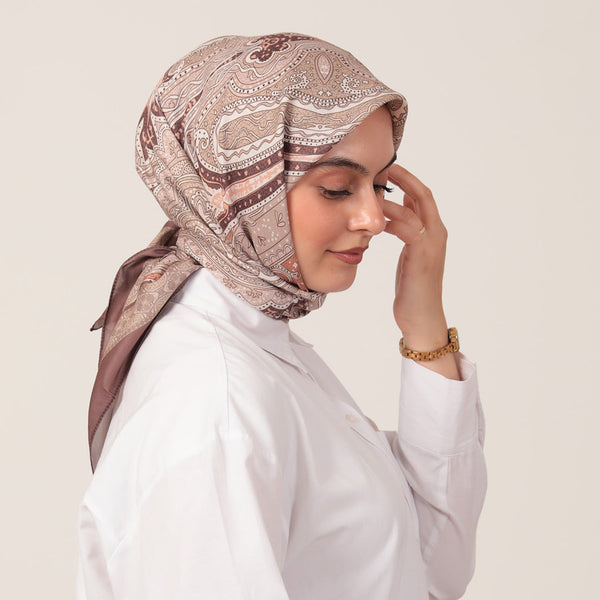 Pamuk İpek Eşarp - Hint Desen - Tatlı Kahve