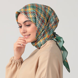 Pamuk İpek Eşarp - Kazayağı Desen - Haki Yeşili