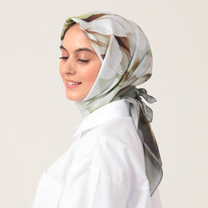 Pamuk İpek Eşarp - Lotus Desen - Haki Yeşili