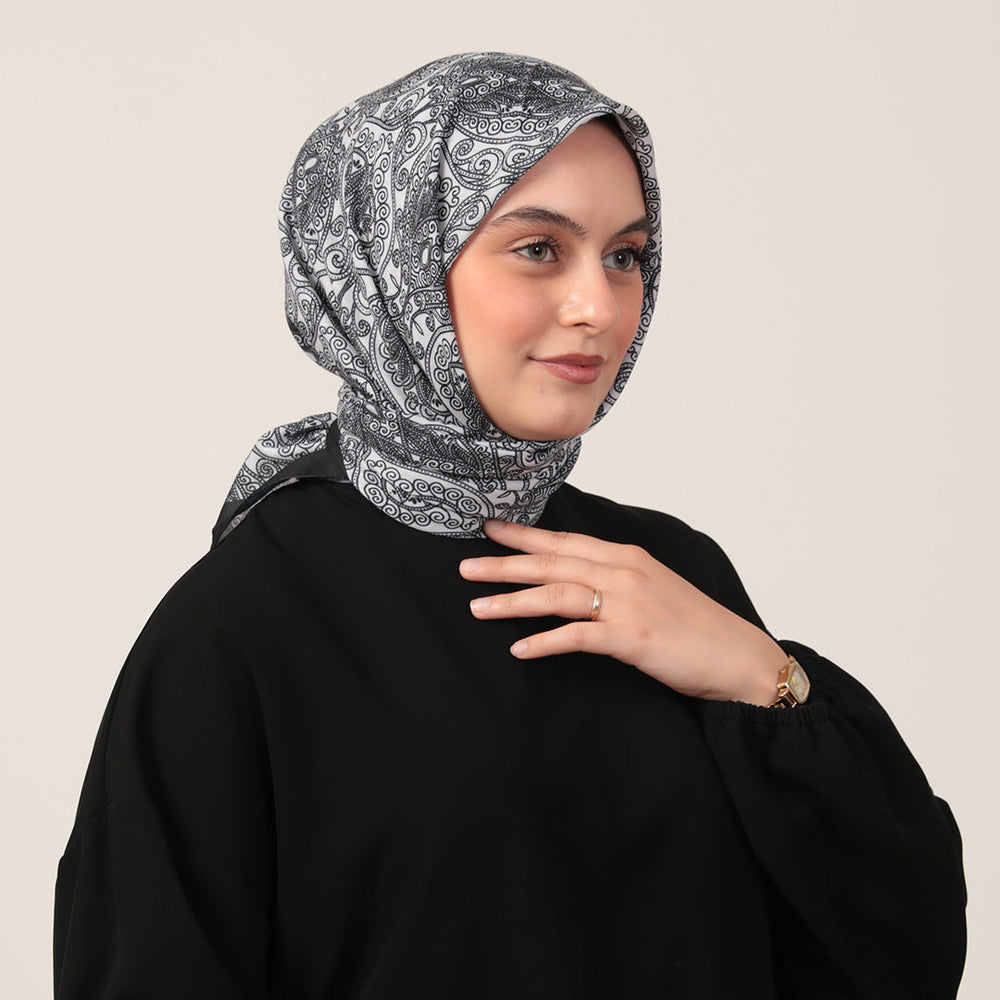 Pamuk İpek Eşarp - Mandala Desen - Beyaz