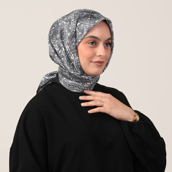 Pamuk İpek Eşarp - Mandala Desen - Beyaz