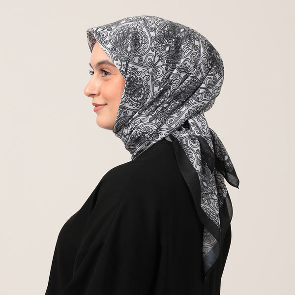 Pamuk İpek Eşarp - Mandala Desen - Beyaz