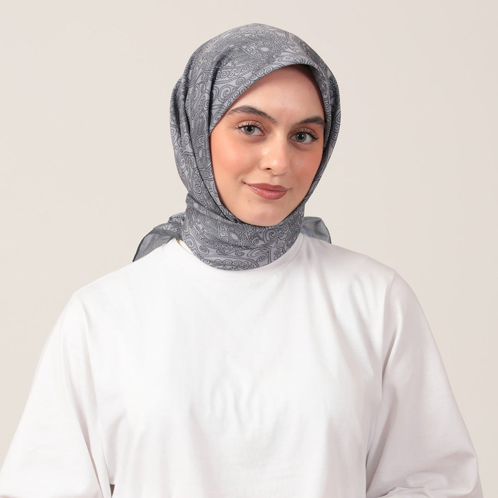 Pamuk İpek Eşarp - Mandala Desen - Gri