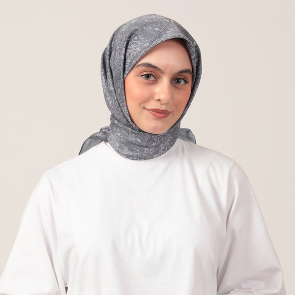 Pamuk İpek Eşarp - Mandala Desen - Gri