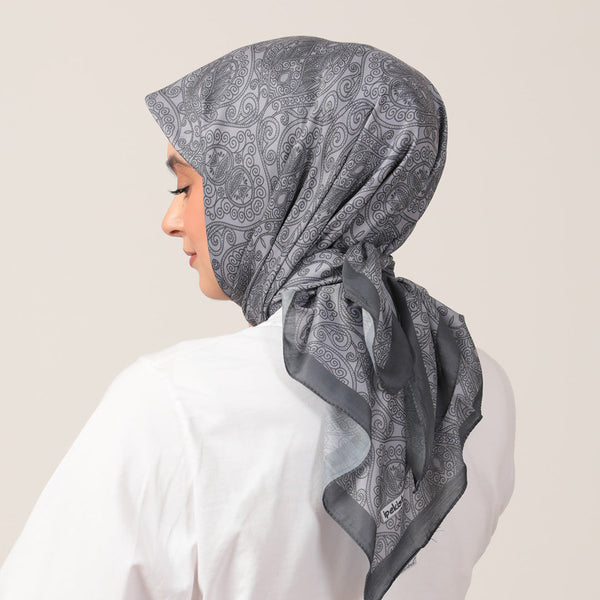 Pamuk İpek Eşarp - Mandala Desen - Gri