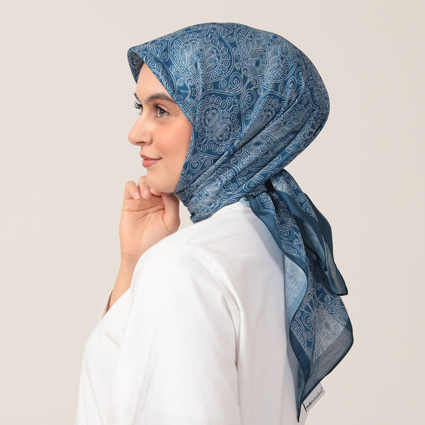 Pamuk İpek Eşarp - Mandala Desen - İndigo