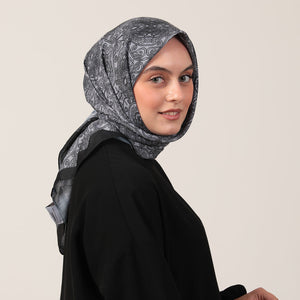 Pamuk İpek Eşarp - Mandala Desen - Koyu Gri