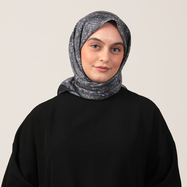 Pamuk İpek Eşarp - Mandala Desen - Koyu Gri