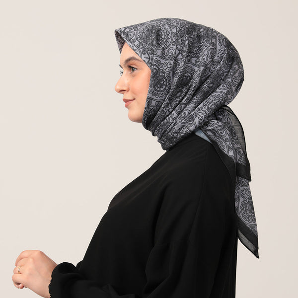 Pamuk İpek Eşarp - Mandala Desen - Koyu Gri