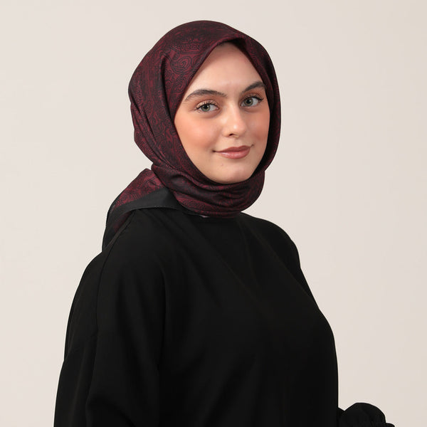 Pamuk İpek Eşarp - Mandala Desen - Koyu Mürdüm