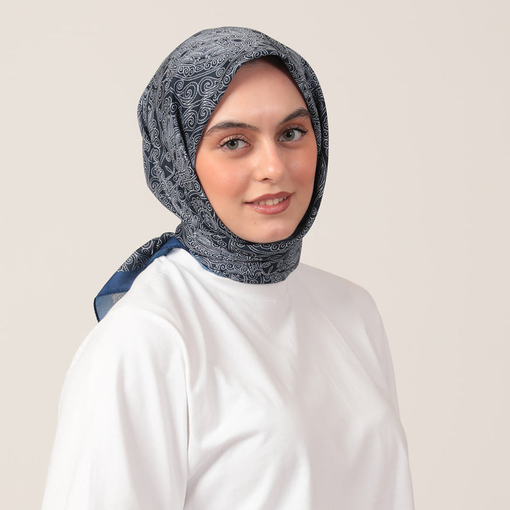 Pamuk İpek Eşarp - Mandala Desen - Lacivert