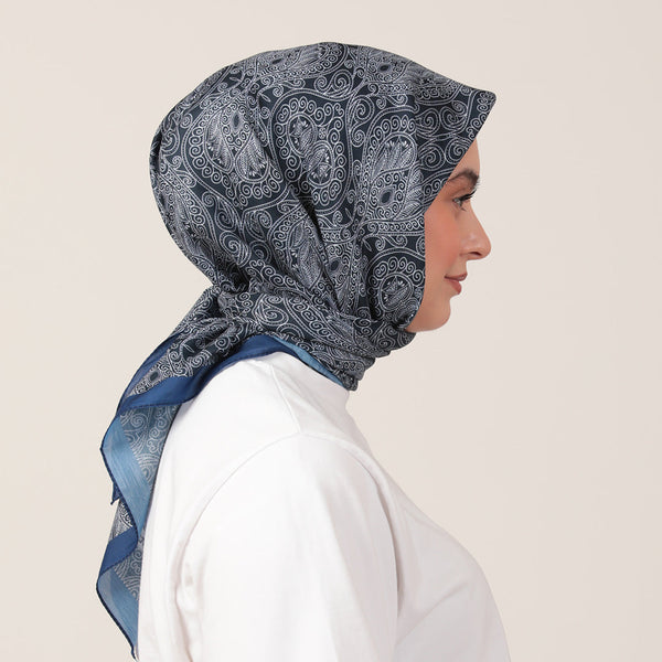 Pamuk İpek Eşarp - Mandala Desen - Lacivert